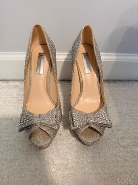 INC International Concepts Crystal Bow Open-Toe Heels in Silver
